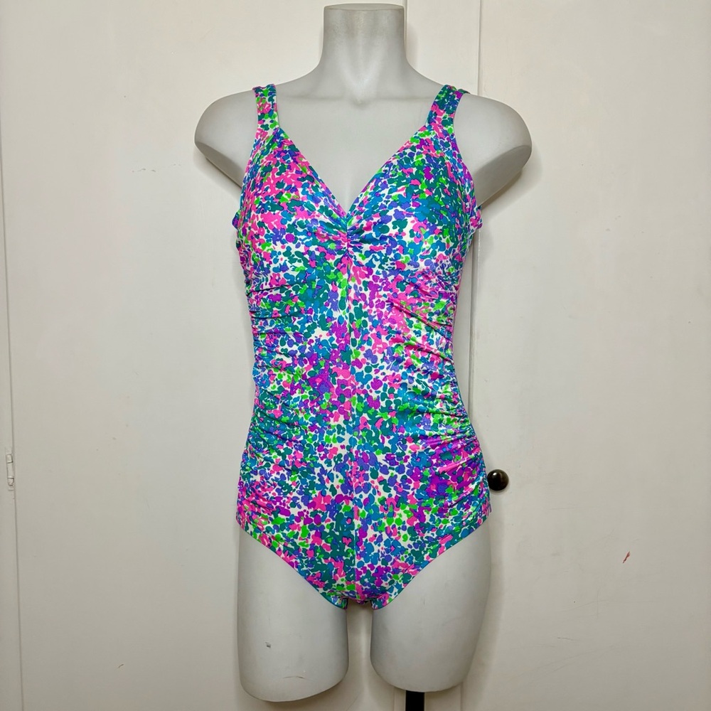 Vintage 80s Gabar Neon Abstract Speckled One Piece Ruched Retro Swimsuit